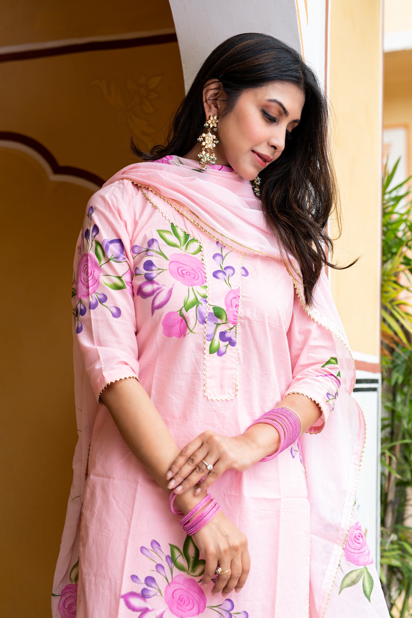 Peach Cotton Handpainted Kurta Pant And Dupatta Set with Gota Work