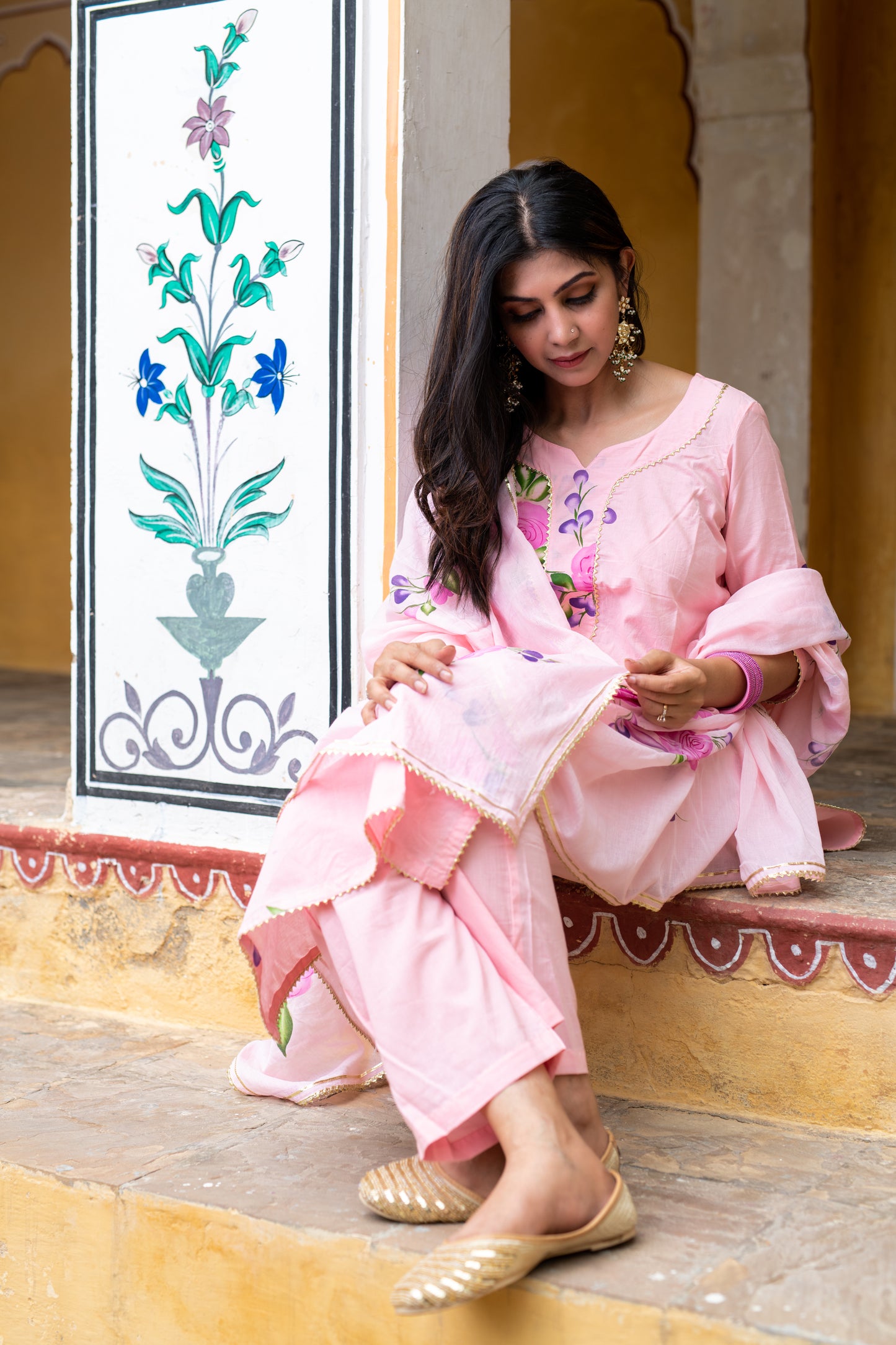 Peach Cotton Handpainted Kurta Pant And Dupatta Set with Gota Work