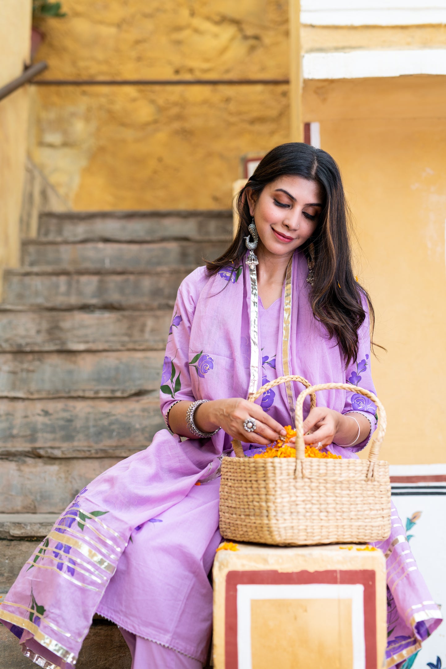 Lavender cotton handpainted kurta ,pant & dupatta set with gotta work
