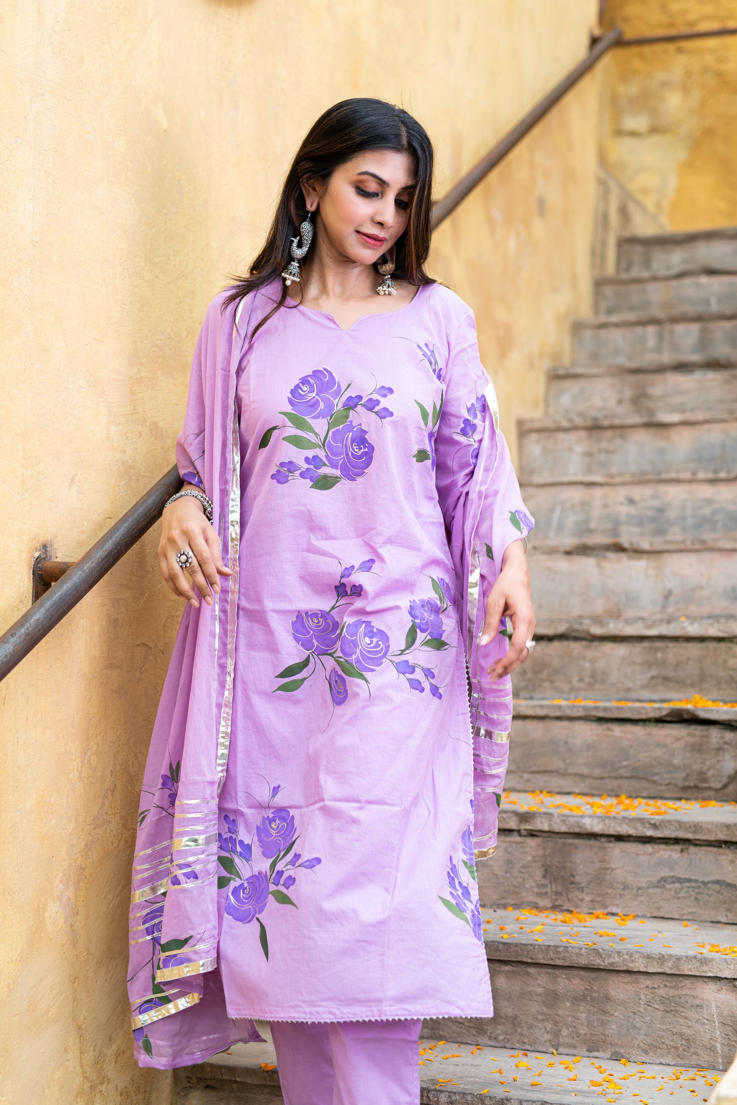Lavender cotton handpainted kurta ,pant & dupatta set with gotta work