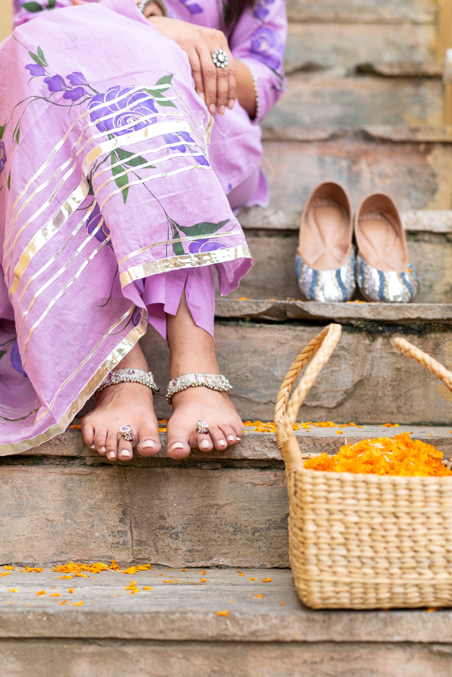 Lavender cotton handpainted kurta ,pant & dupatta set with gotta work