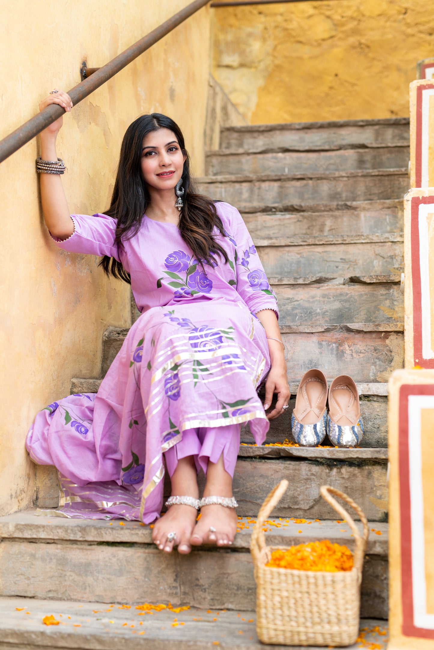 Lavender cotton handpainted kurta ,pant & dupatta set with gotta work