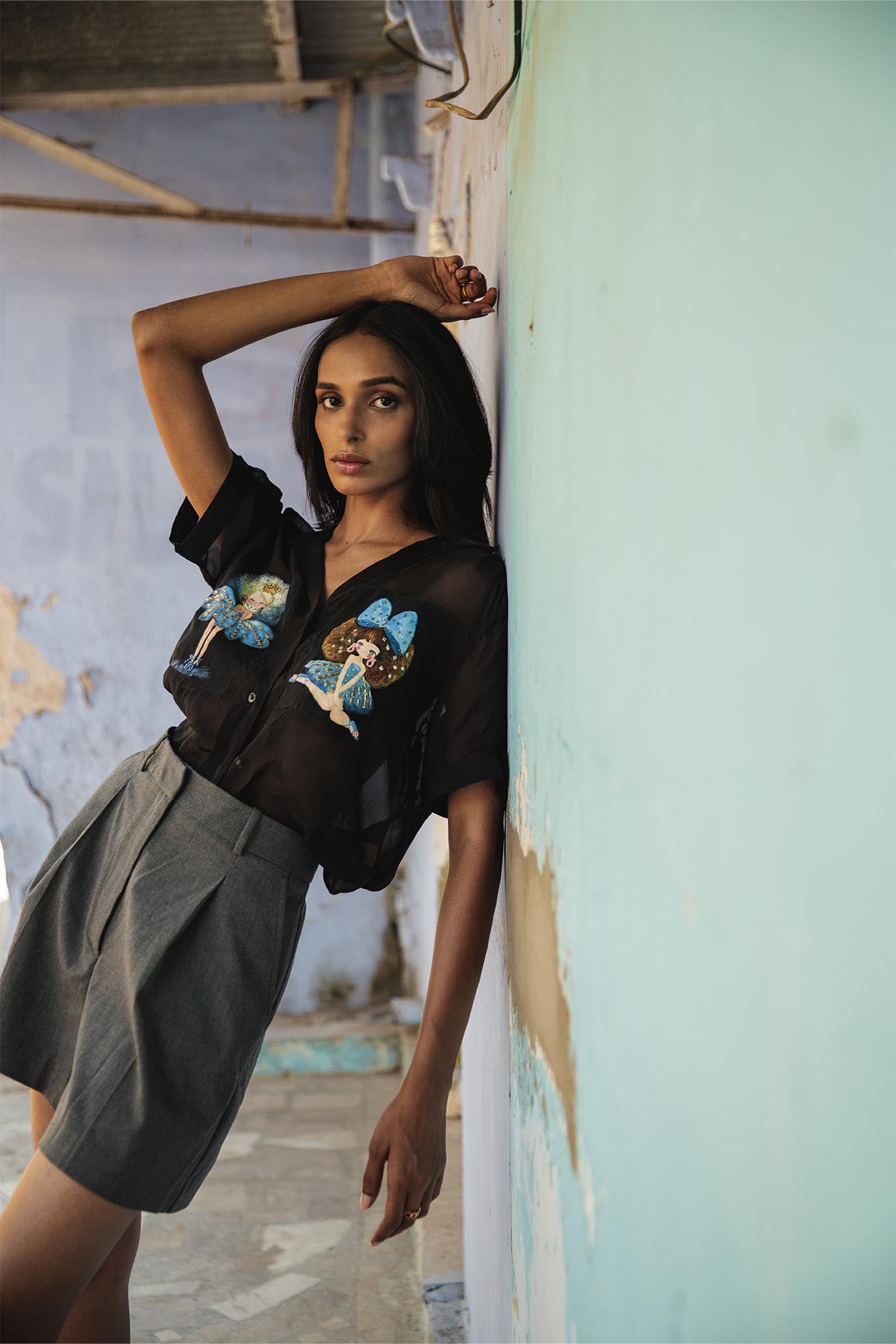 Fiona organza black handpainted shirt