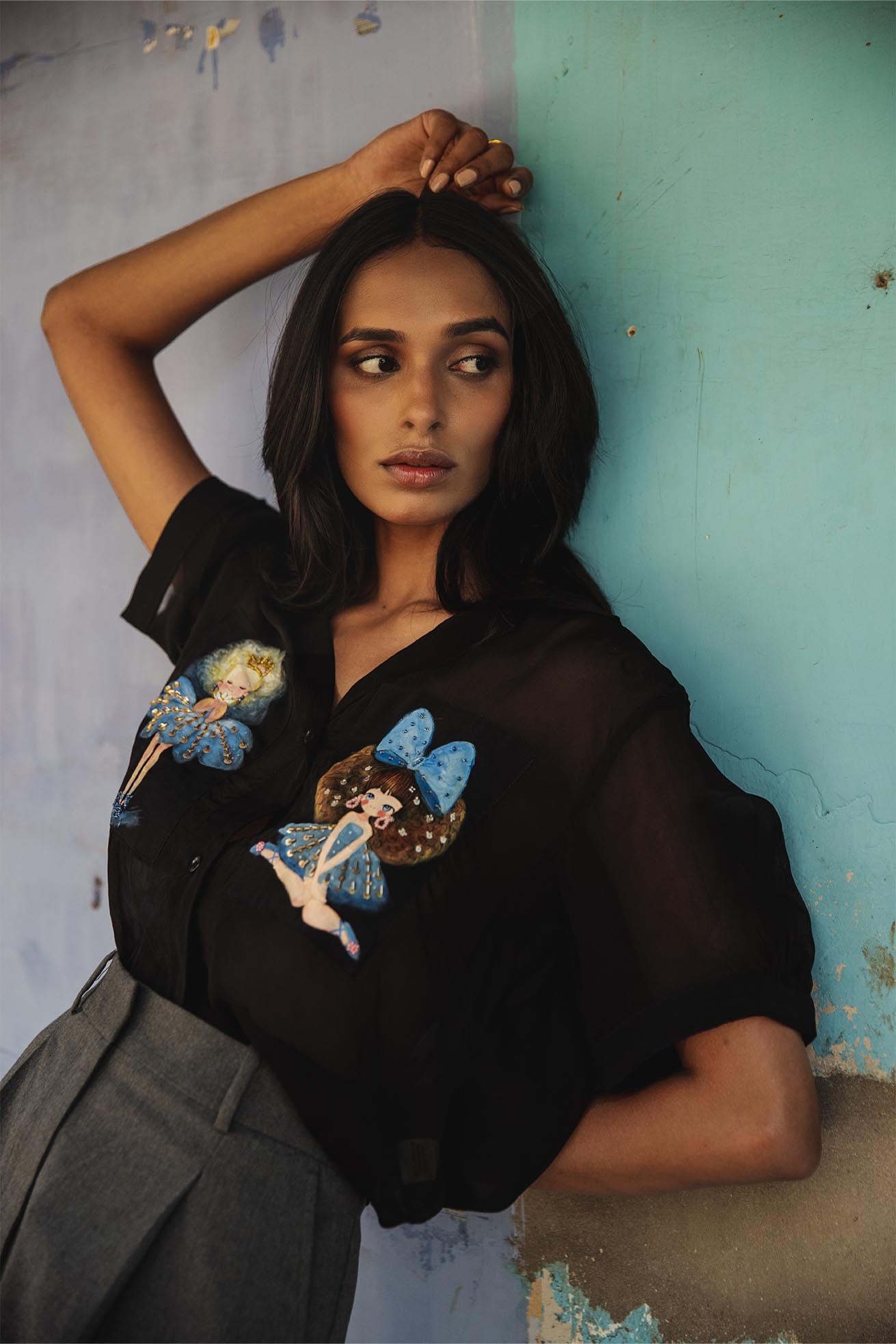 Fiona organza black handpainted shirt