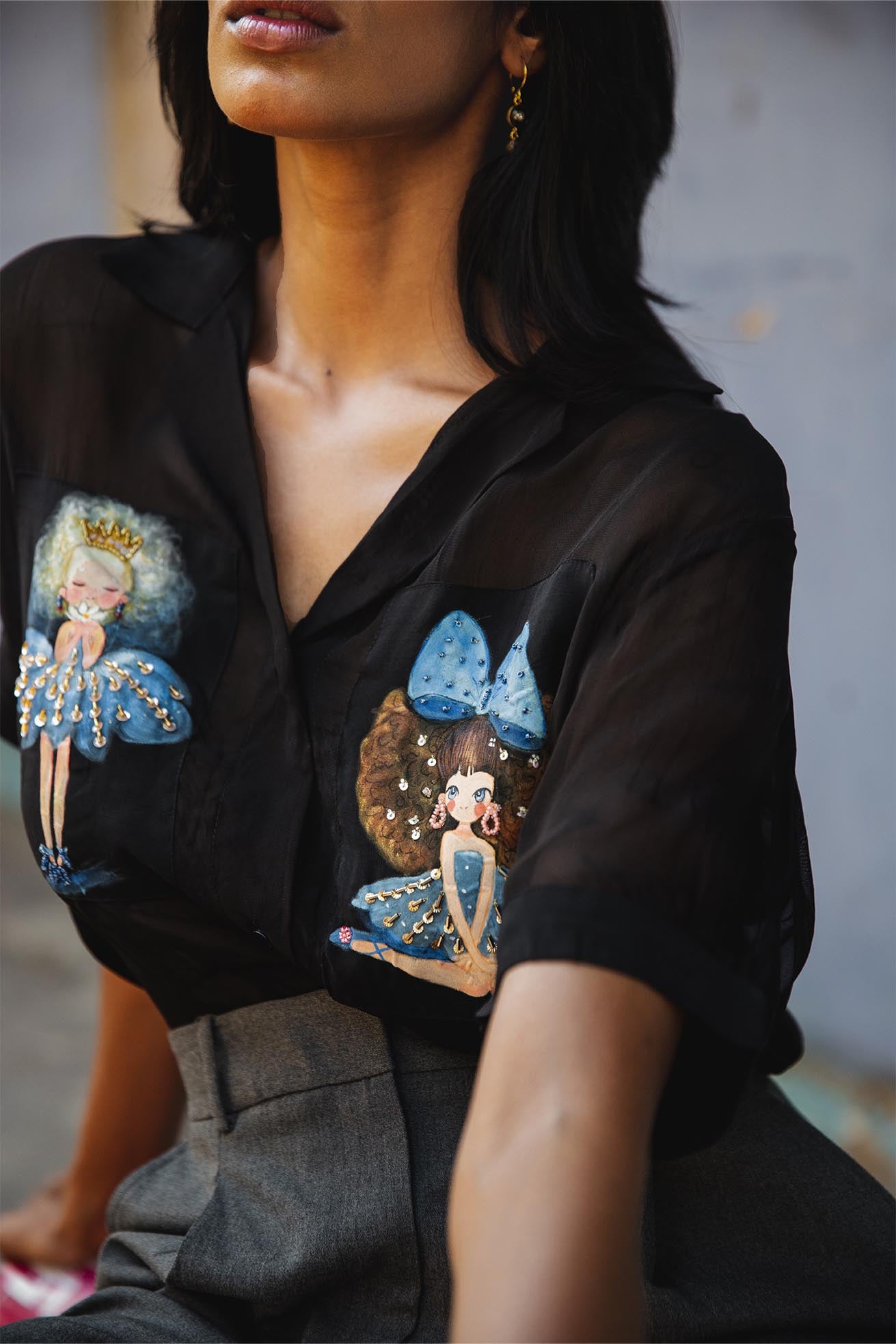 Fiona organza black handpainted shirt