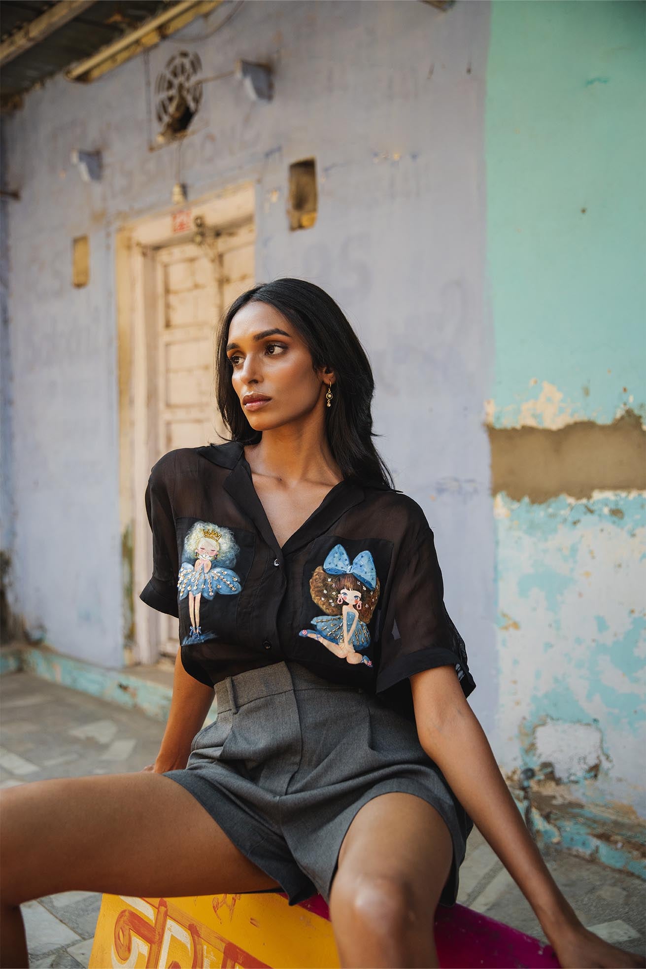 Fiona organza black handpainted shirt