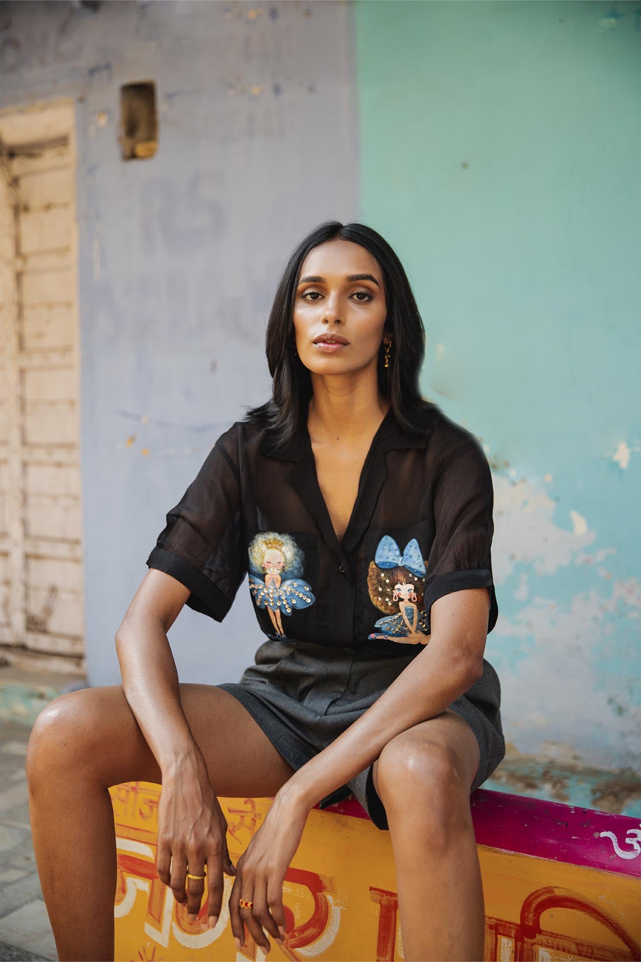 Fiona organza black handpainted shirt