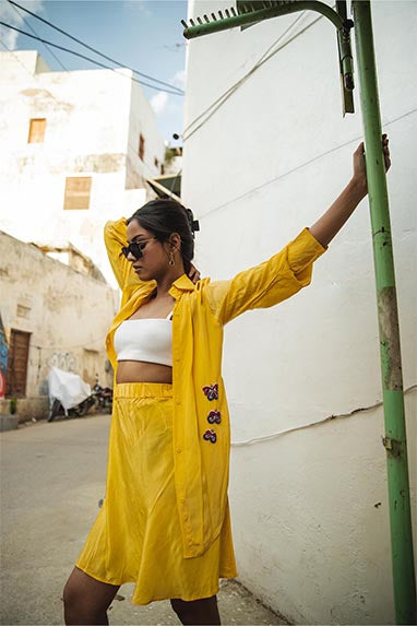 Sage golden yellow crepe satin skirt