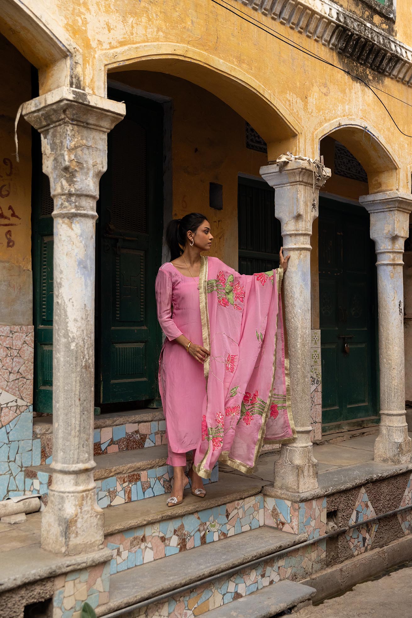 Tamara pink crepe organza suit set