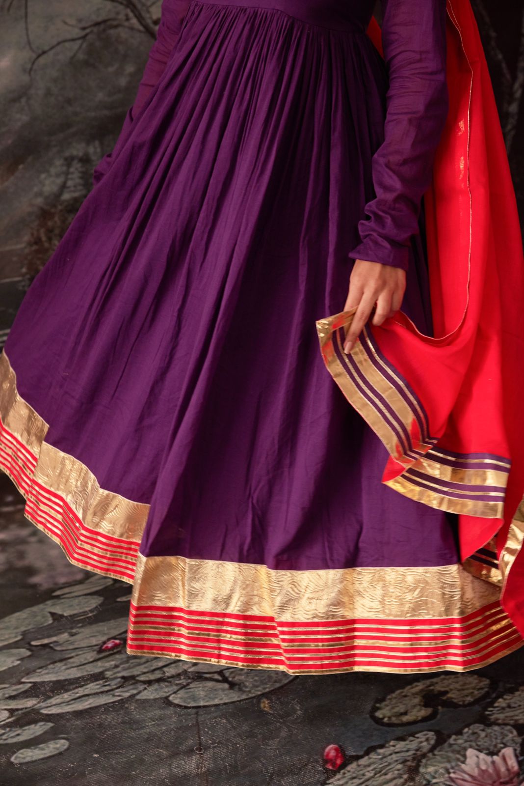 shalaka purple malmal cotton gotta work suit set of 3