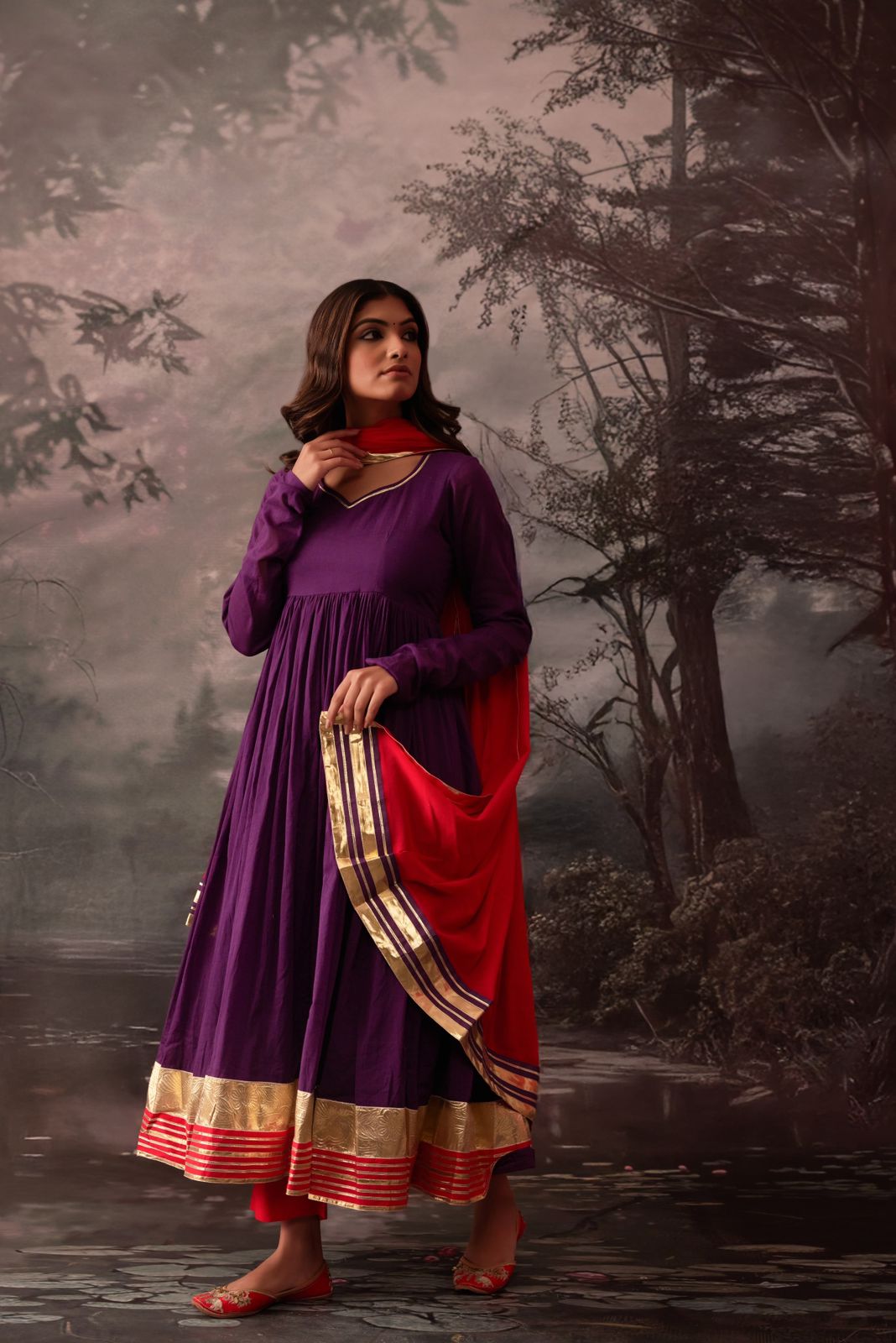 shalaka purple malmal cotton gotta work suit set of 3