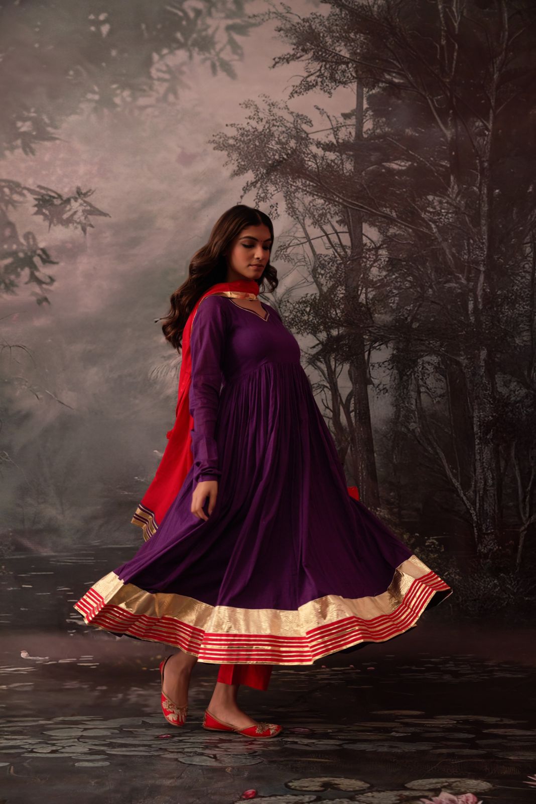 shalaka purple malmal cotton gotta work suit set of 3