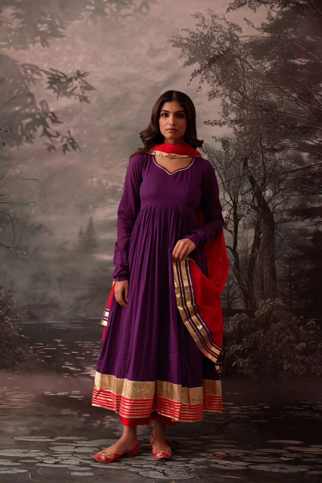 shalaka purple malmal cotton gotta work suit set of 3