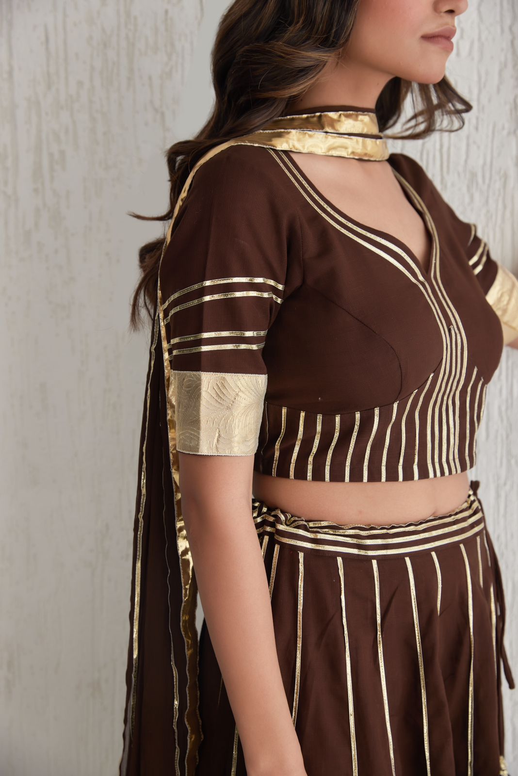 AARADHYA BROWN COTTON GOTTA LEHENGA SET OF 3