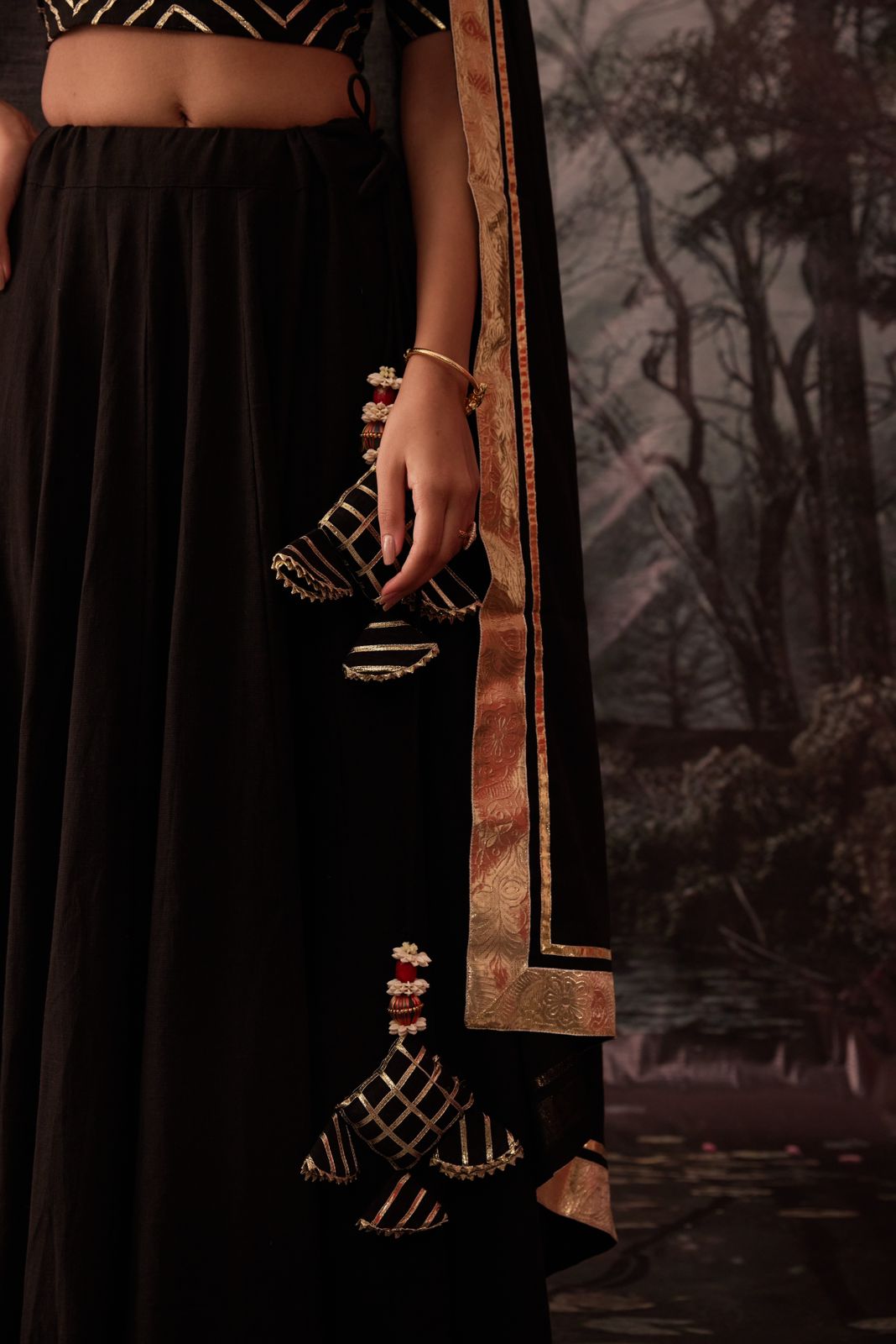 reena black cotton gotta lehenga set of 3