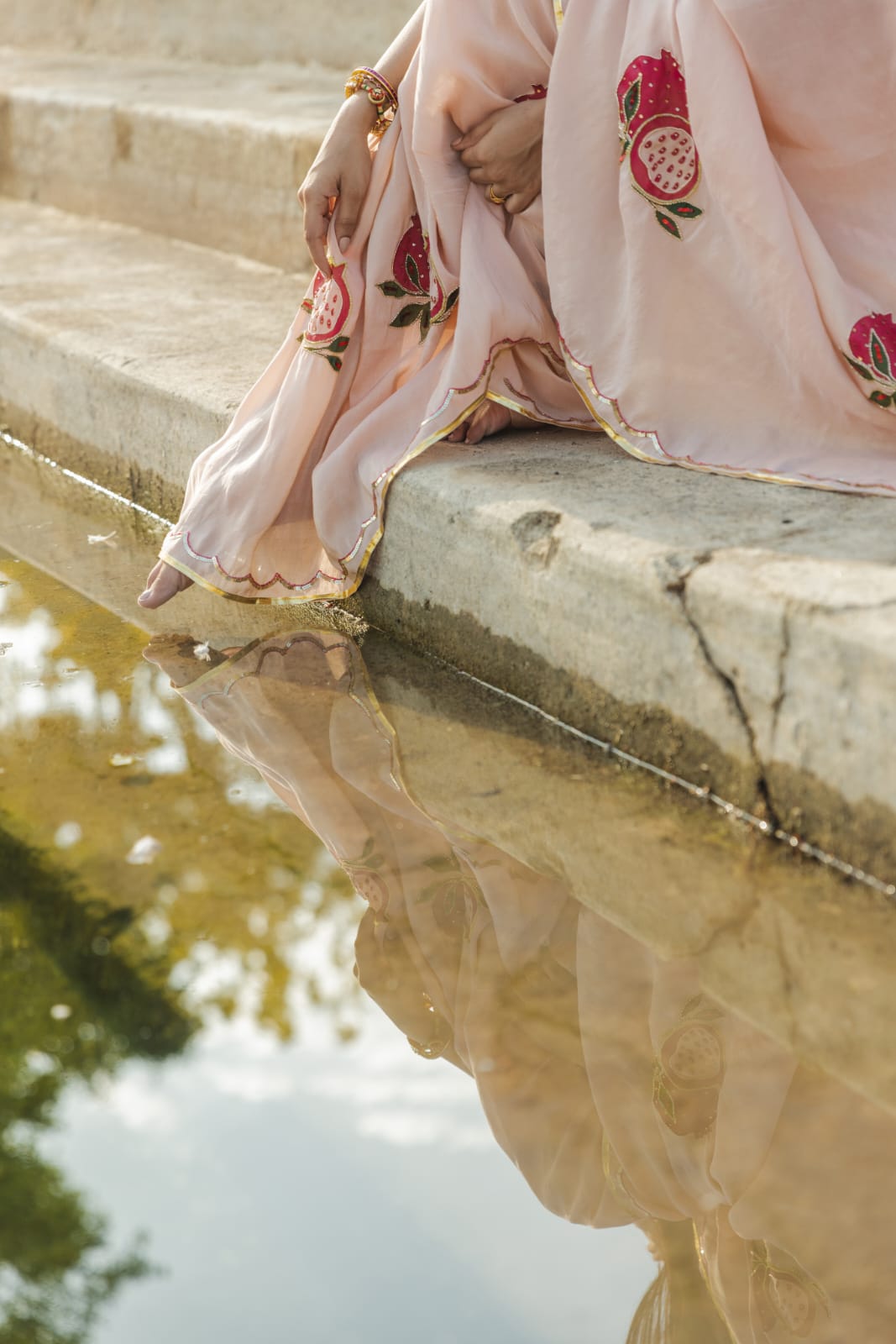 Chandra peach tissue saree handpainted and embellished