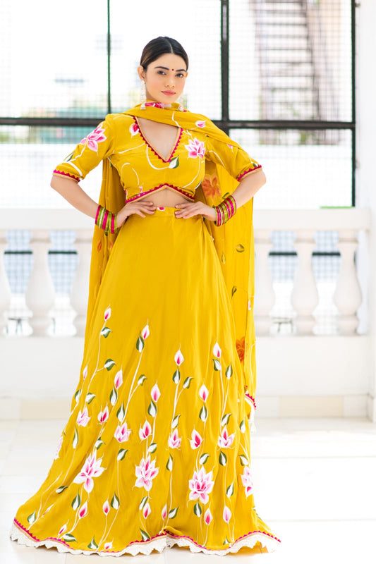Mustard Satin Handpainted Lehenga