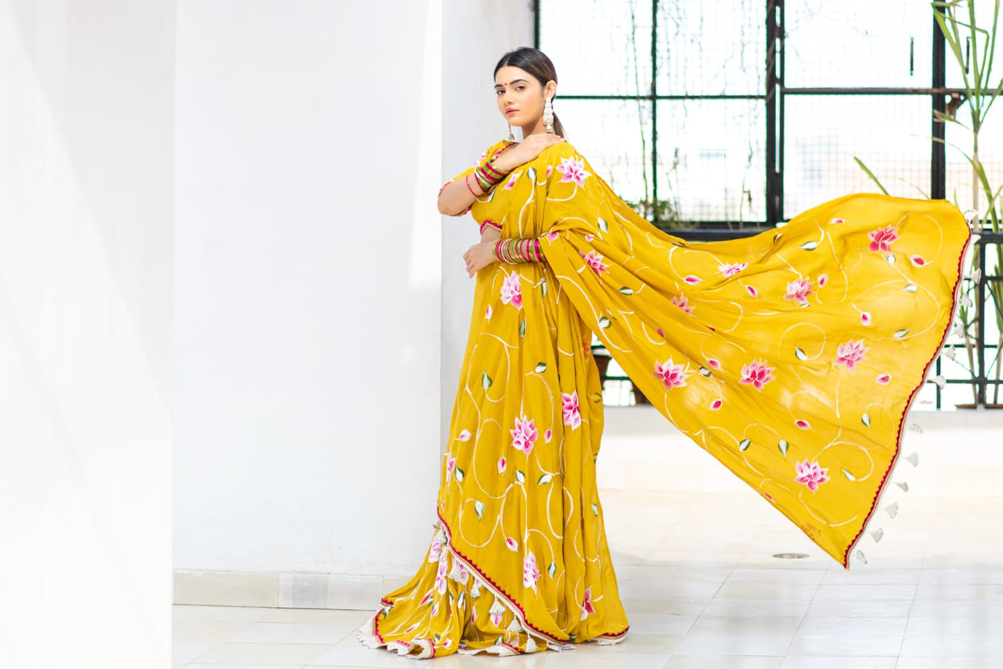 Mustard Satin Handpainted Lehenga