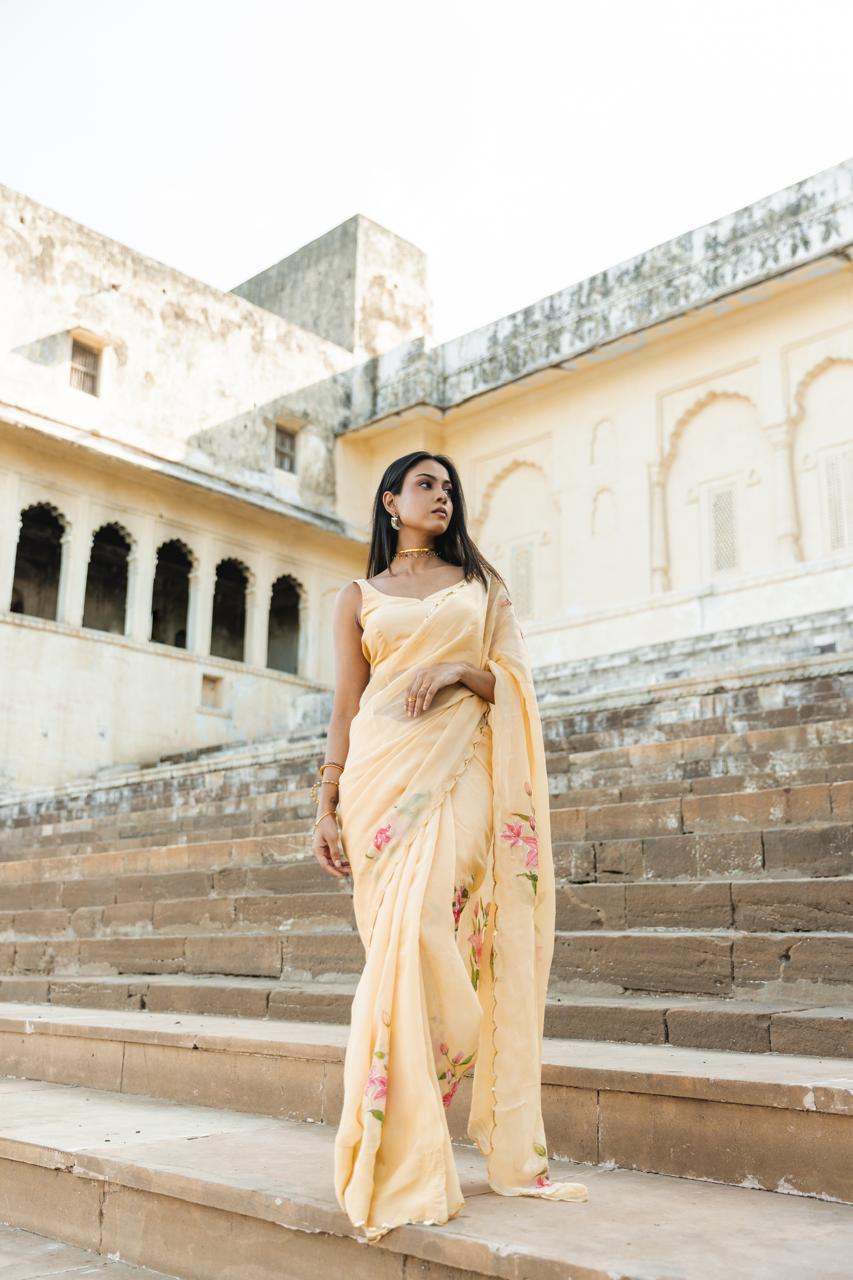 veera yellow organza handpainted and handwork saree