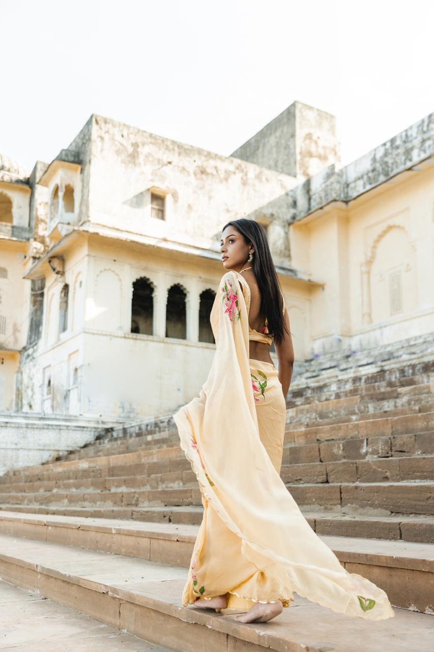 veera yellow organza handpainted and handwork saree