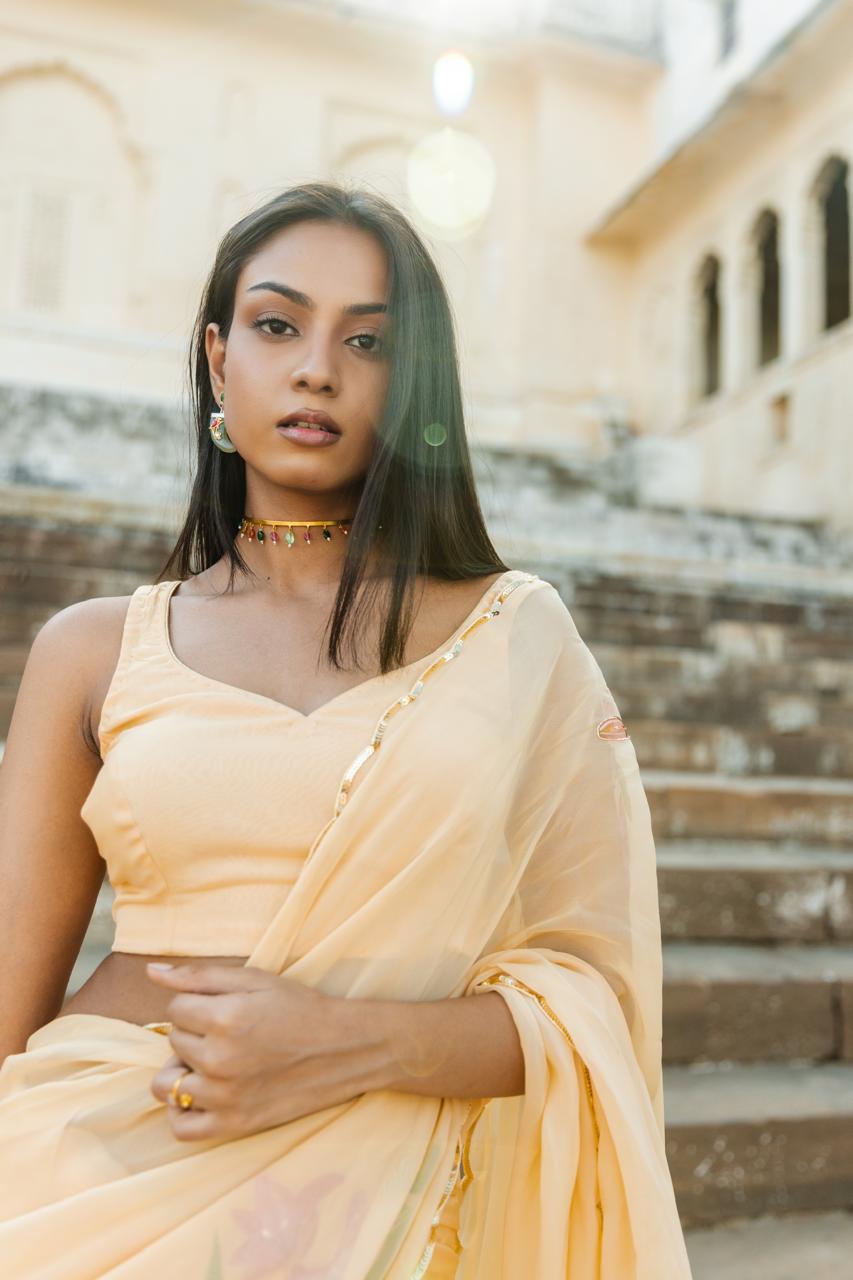 veera yellow organza handpainted and handwork saree