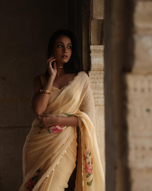 veera yellow organza handpainted and handwork saree