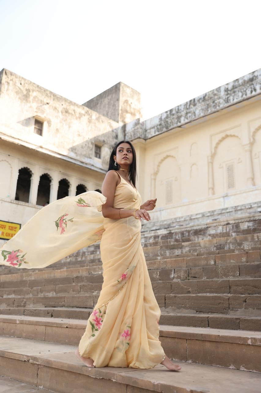 veera yellow organza handpainted and handwork saree