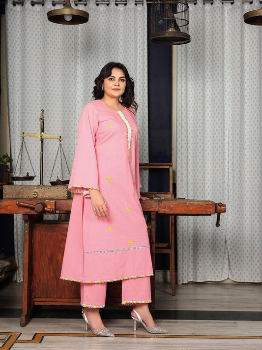Light Pink Cotton Hand embroidery Kurta Set