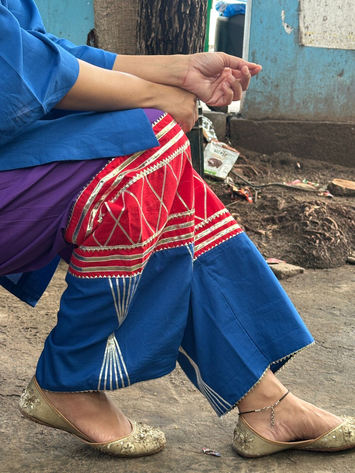 blue kurta with gotta work multicolored pants