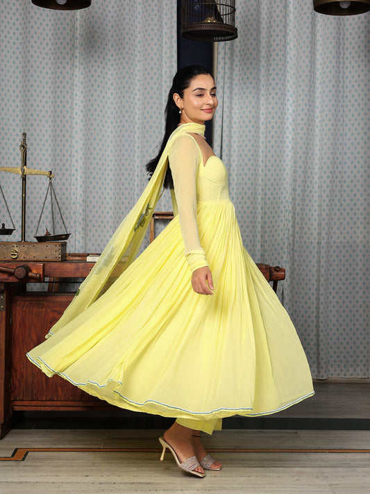 Chandani Chiffon Anarkali suit with handpainted dupatta set of 3