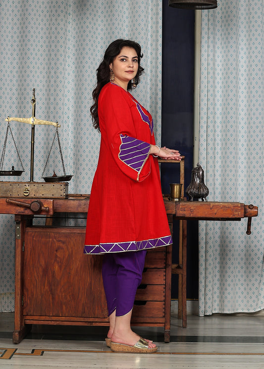red kurta with dhoti pants with gota details