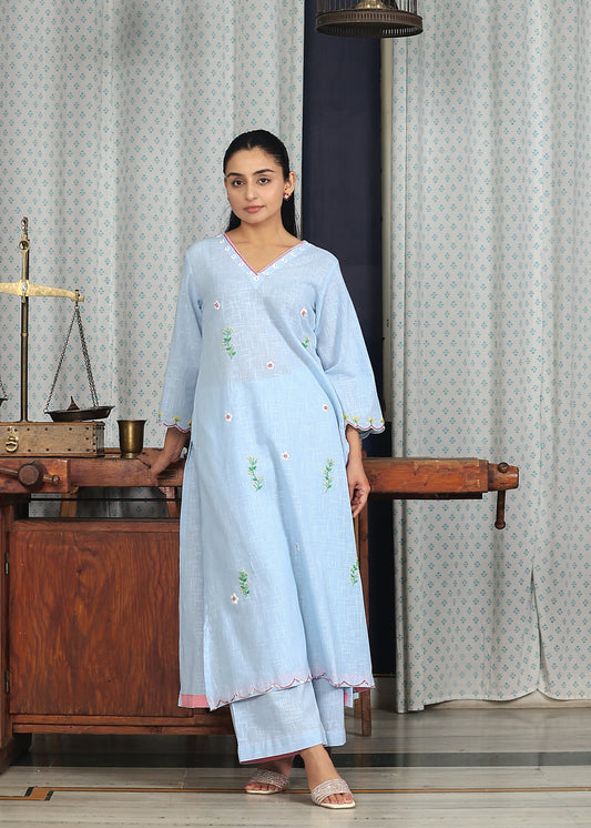 Neer Handwork Light Blue Cotton Kurta Set