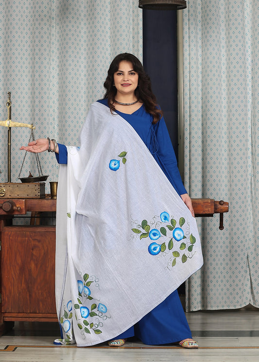 blue palazzo cotton set with flared kurta set of 3 with handpainted dupatta