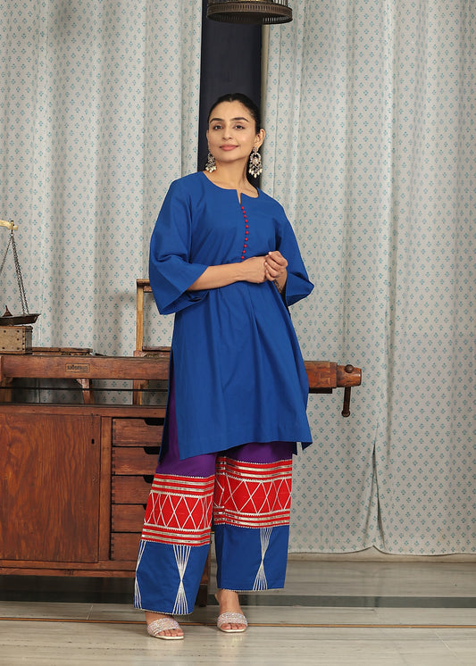 blue kurta with gotta work multicolored pants