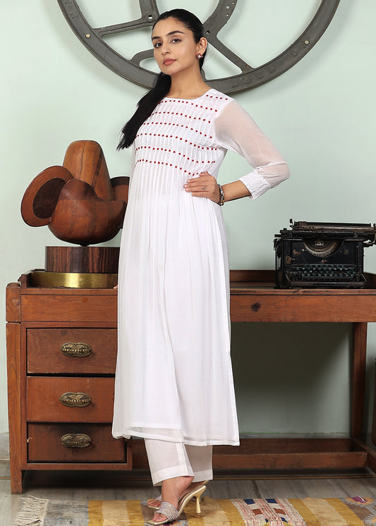 white chiffon pintucks handwork kurta set of 2