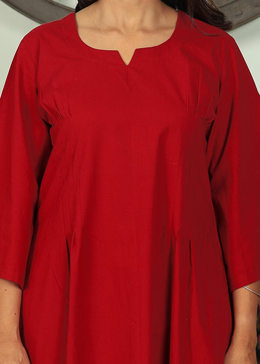 maroon cotton kurta set with pintucks