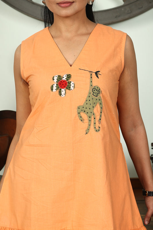 orange patchwork short dress with hand embellishment