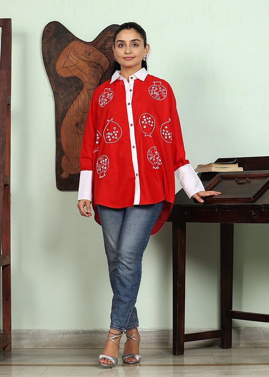 red shirt with white collar and cuffs  with handwork