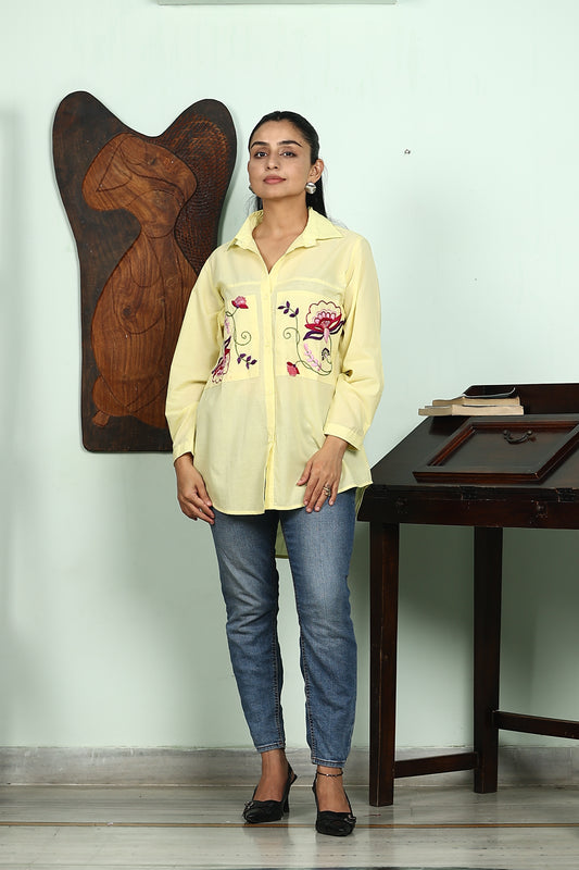 yellow shirt with floral handembroidery