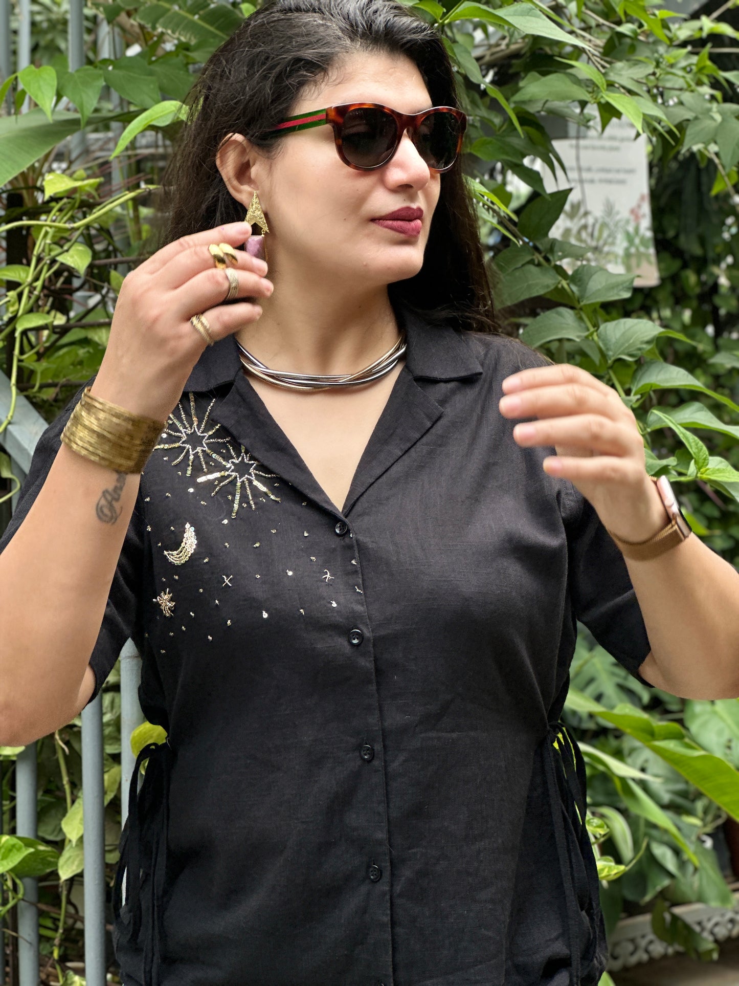 Sitara Handembroidered Black Cotton Shirt