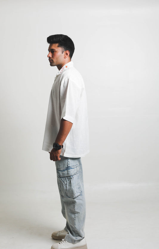 WHITE HANDPAINTED AND HANDEMBROIDERED SHIRT