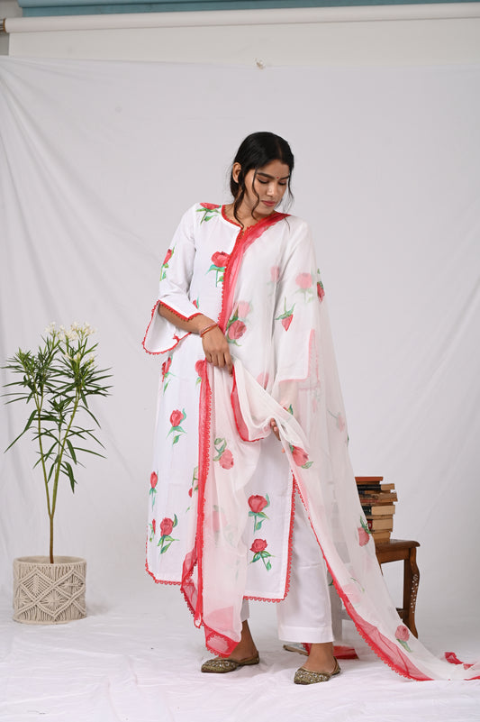 RED roses cotton kurta pant and dupatta handpainted with lace