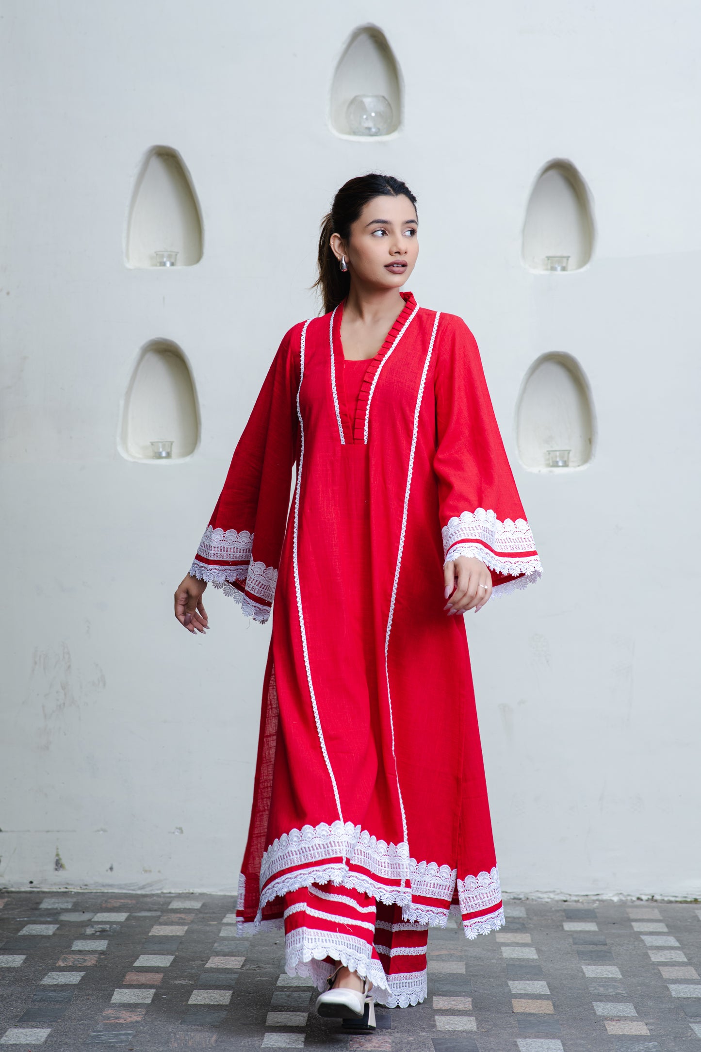 Rotes pakistanisches Kurta aus Baumwolle mit Palazzo