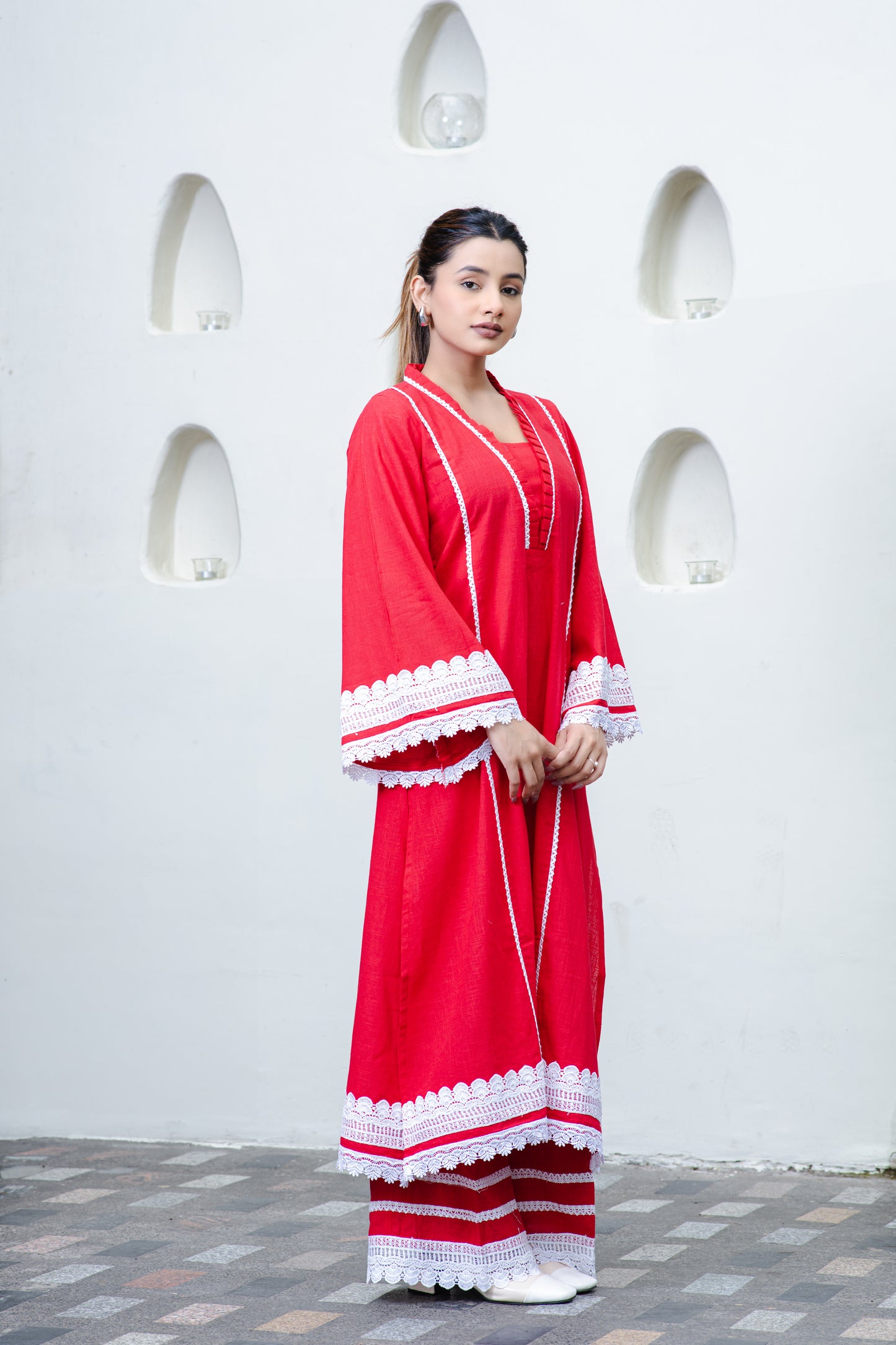 Rotes pakistanisches Kurta aus Baumwolle mit Palazzo