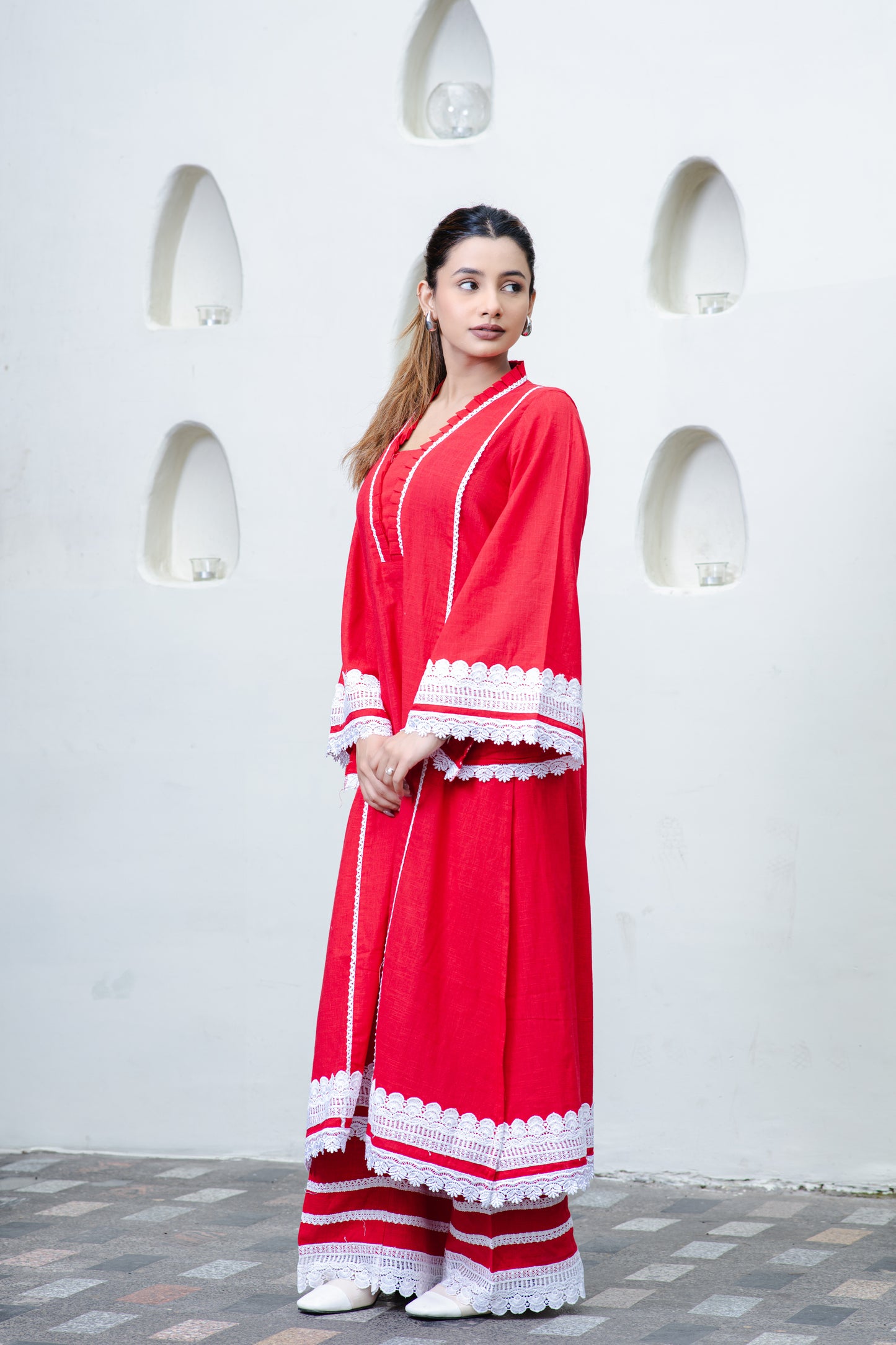 Rotes pakistanisches Kurta aus Baumwolle mit Palazzo