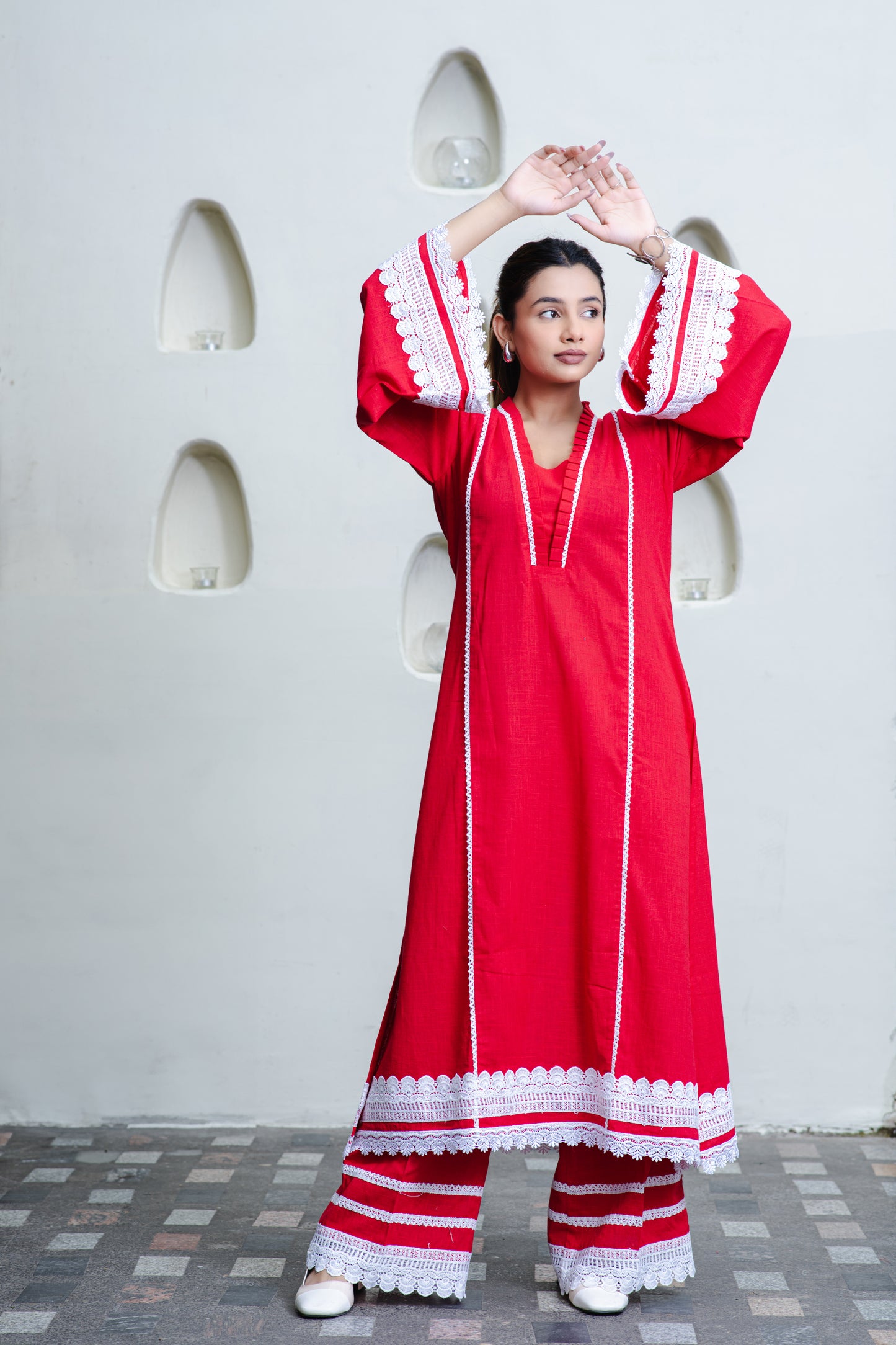 Rotes pakistanisches Kurta aus Baumwolle mit Palazzo