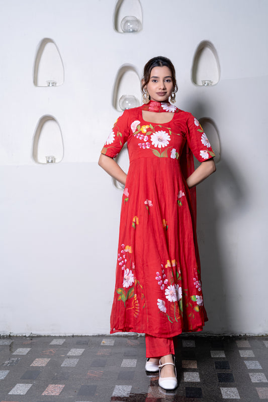 RED CHIFFON ANARKALI Kurta with Pant and Dupatta