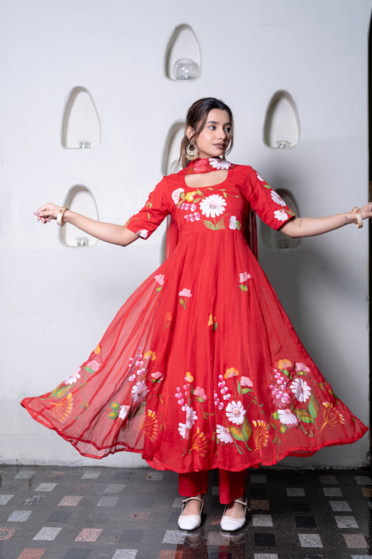 RED CHIFFON ANARKALI Kurta with Pant and Dupatta
