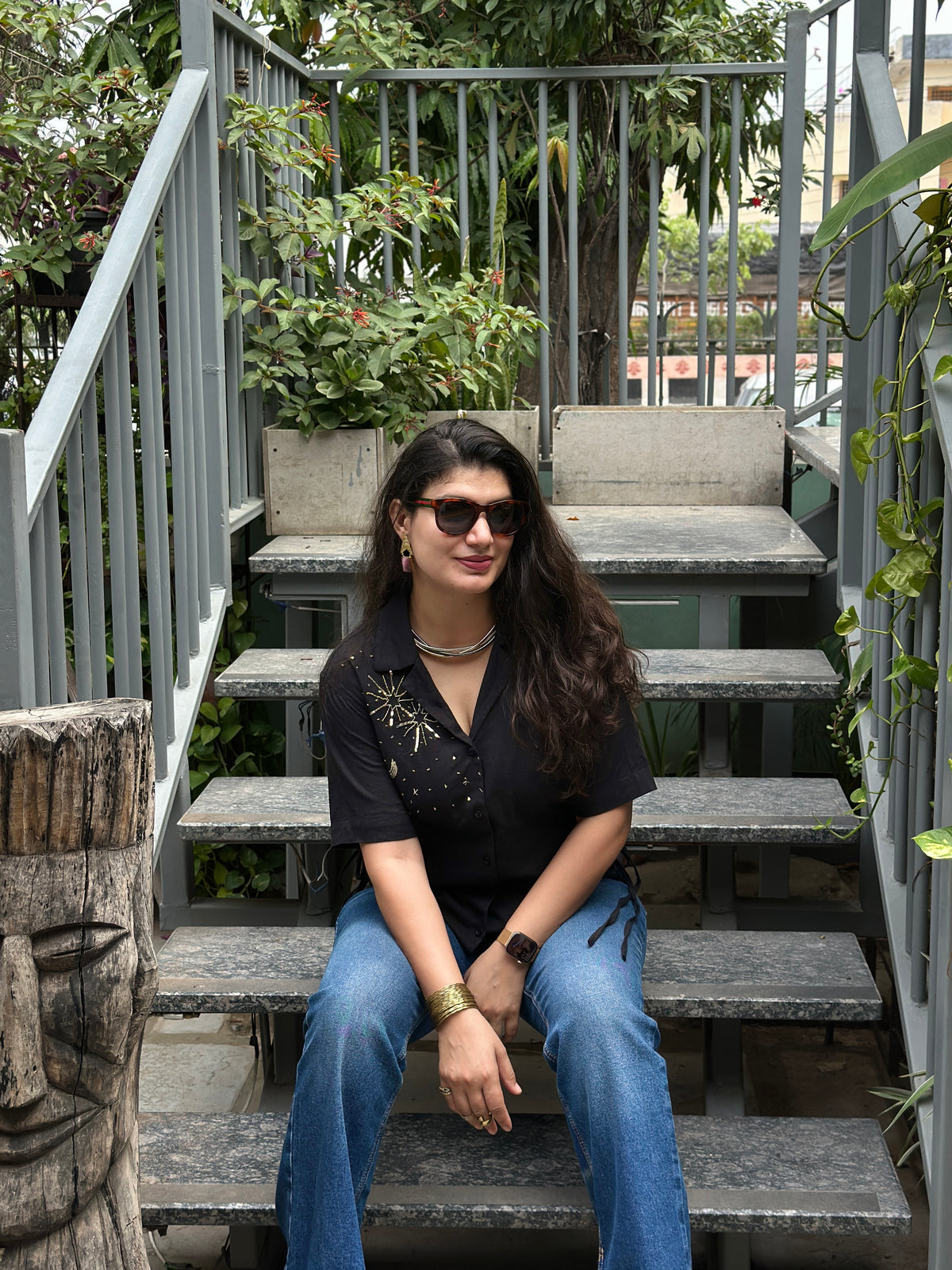 Sitara Handembroidered Black Cotton Shirt