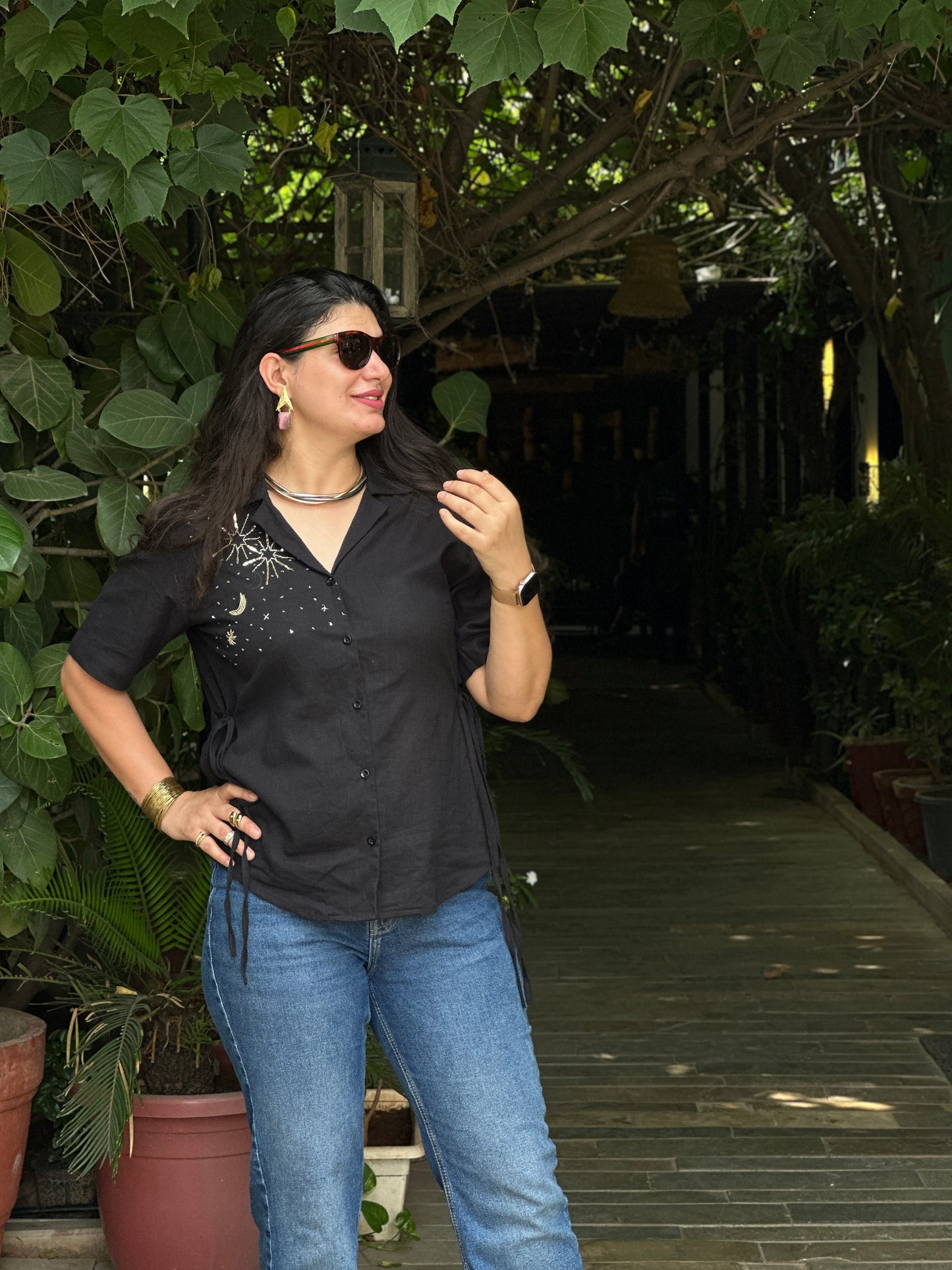 Sitara Handembroidered Black Cotton Shirt